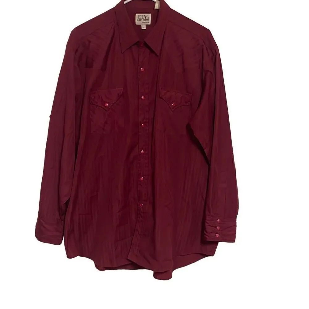 Ely Cattleman Men's Maroon Button Down Long Sleeve Shirt Size 34